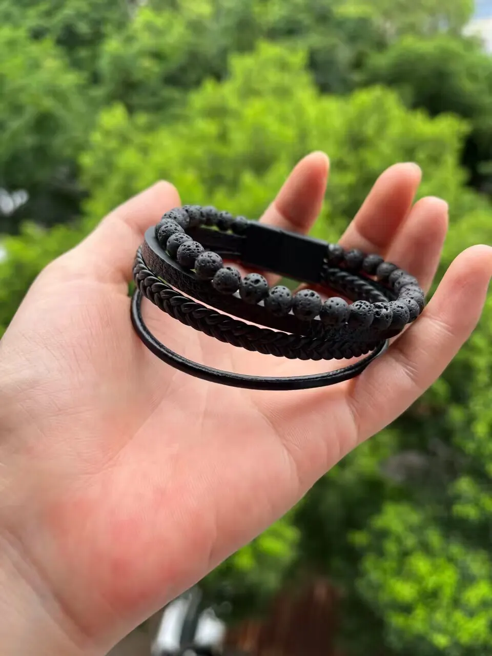 Beaded Bracelet Stone Bracelet Leather Bracelet Leather Bangle Stainless Steel Bangle Fashion Volcanic Stone Beaded Bracelet Mutilayer Braided Leather Bracelet For Men Stainless Steel Magnetic Bangle Jewelry Gift
