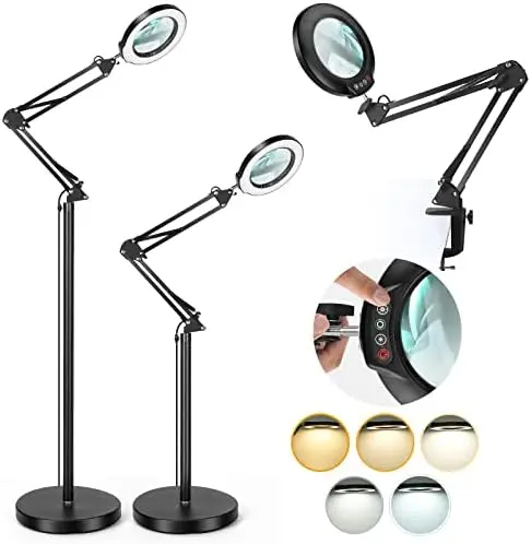 

Magnifying Glass with Light and Stand, Drdefi 3-in-1 Adjustable Swing Arm Magnifying Floor Lamp, 5 Color Modes Stepless Dimmable