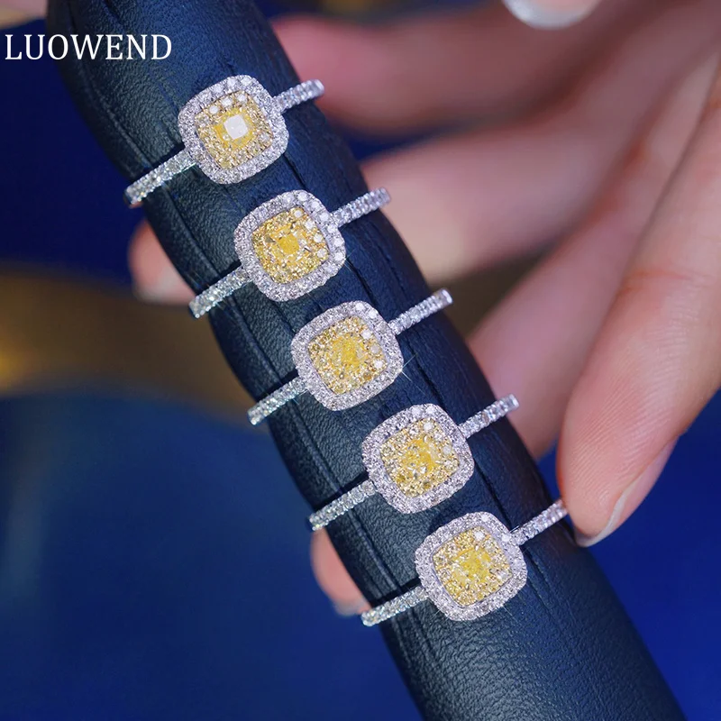 Luowend Anelli In Oro Bianco 18 Carati Anello Di Fidanzamento Con Diamante Giallo Naturale Reale Da 0.55 Carati Per Fede Nuziale Da Donna Design Quadr