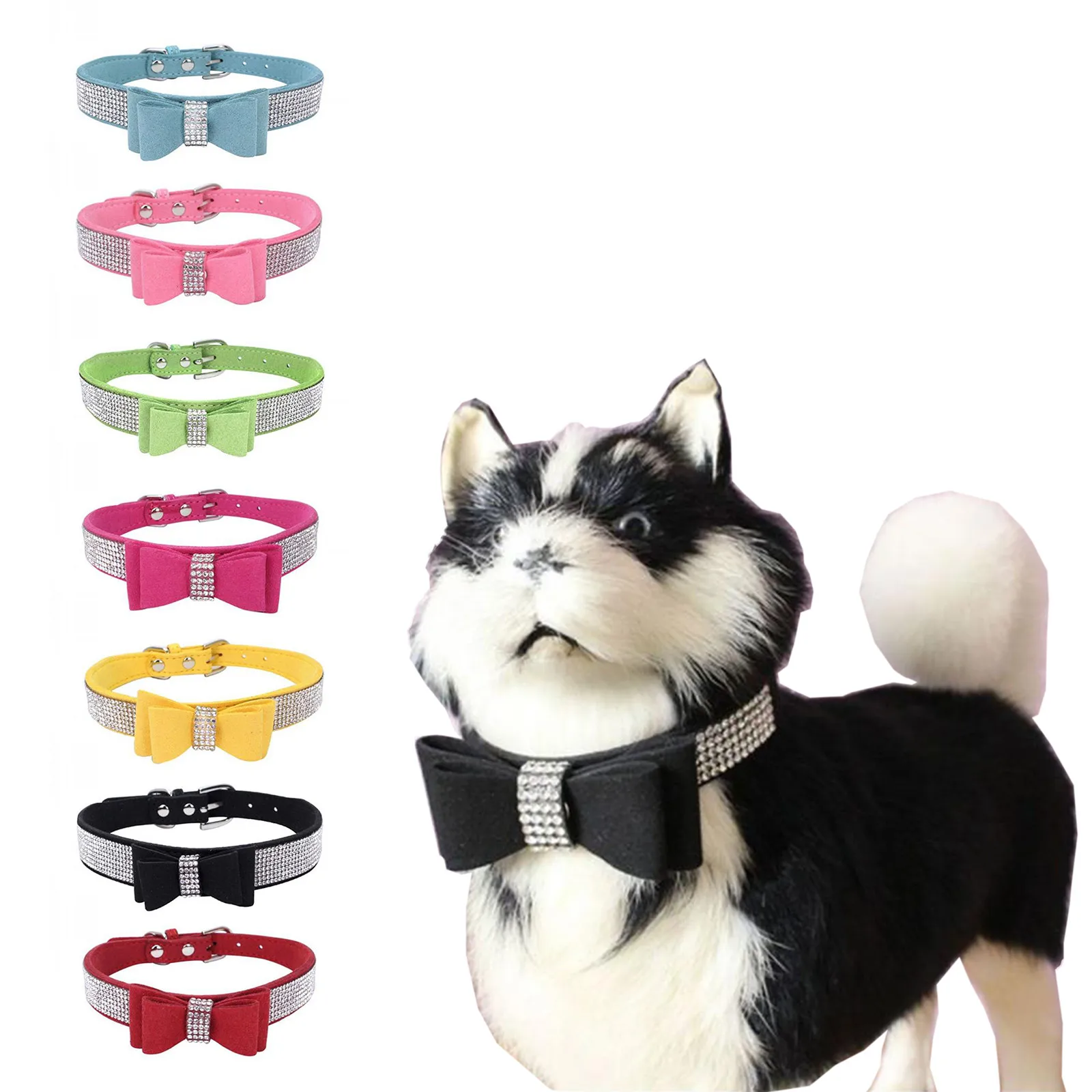 Rhinestones Dog Collar & Leads Suede Bowtie for Doggie Puppy Cat Pink Blue  Black