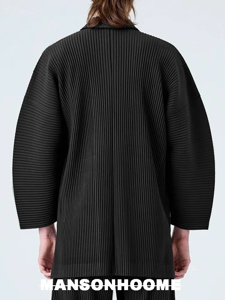 Miyake Pleated Cardigan Single Buttom Long Jacket Men Smart Causal Designer Loose Coats 6