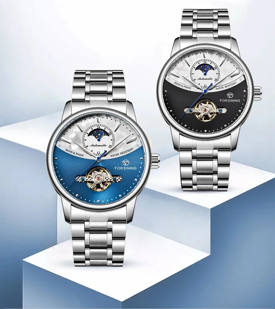 FORSINING Business Herren Automatikuhr Uhr Mondphase Tourbillon Wasserdicht Mechanische Stahlband Armbanduhr Relogio_voghion.com