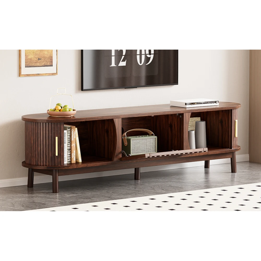 Braunes modernes Lowboard-TV-Möbel, flache Medienkonsole mit verschiebbaren und herunterklappbaren Hohlklappentüren, TV-Schrank mit Stauraum, geeignet für Fernseher bis zu 65 Zoll. – Detail 21