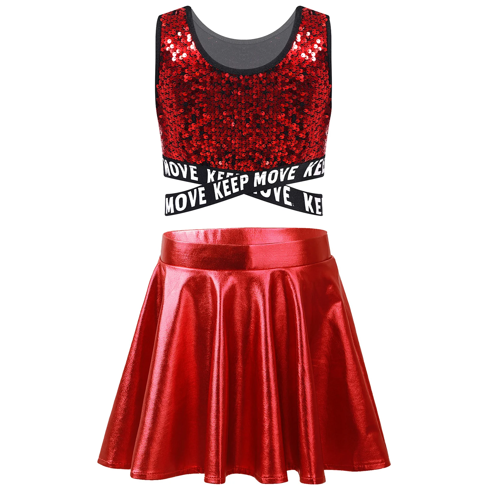 Kids Girls Jazz Cheer Dance Outfit Cheerleader Costume Sequins Crop Top Skirt for Cheerleading Uniform Dancewear Hip-hop Clothes