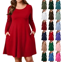 Plus Size Dress for Women Solid-Colour Casual Dress Spring/Autumn Pocket Round Neck Long-Sleeved Dresses vestidos femenino - Image 6