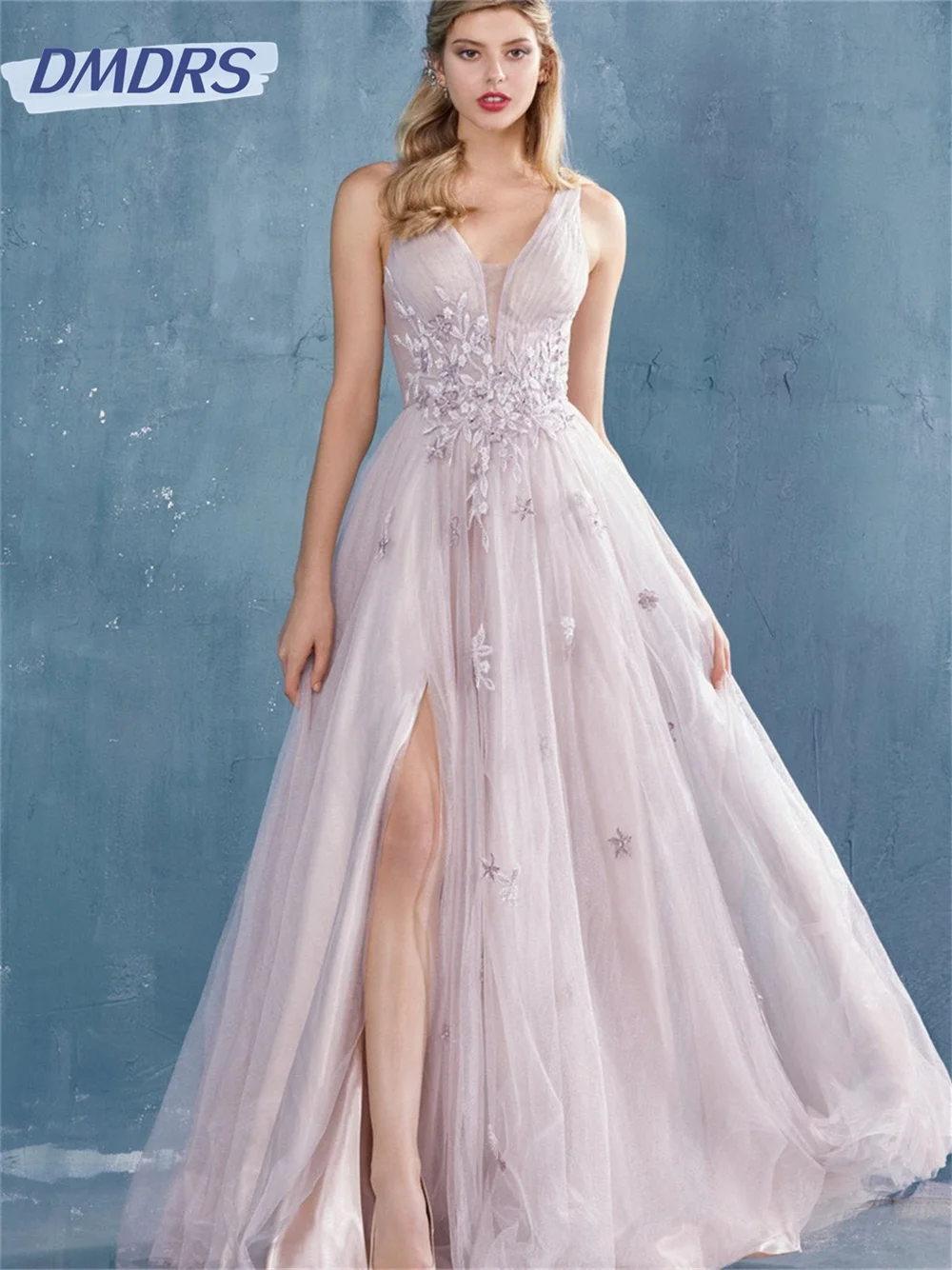 Sexy bestickte Tüll Abendkleid klassische tiefe V-Ausschnitt Kleid einfache elegante Seite Schlitz Kleider vestidos de novia