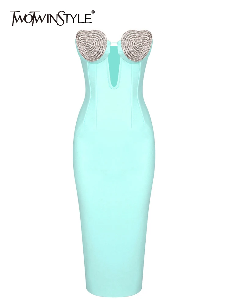 

TWOTWINSTYLE Solid Slimming Sexy Dresses For Women Strapless Sleeveless High Waist Patchork Zipper Hollow Out Dress Female 2023