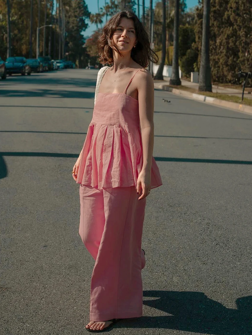 Marthaqiqi Summer Ladies Pajama Suit Sexy Spaghetti Strap Sleepwear Tank Tops Nightwear Wide Leg Pants Casual Women Home Clothes