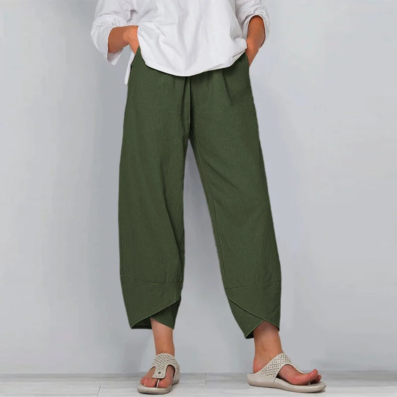 palazzo pants Vintage Cotton Linen Harem Pants Women's Casual Loose Solid Pants Summer Elastic Waist Wide Leg Pants Irregular Retro Trousers capris women