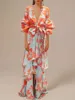 Women's Print Ruffle Party Dresses Elegant Deep V-neck Lantern Sleeve Long Dress Fashion Tie-up Waist Irregular Bohemian Vestido