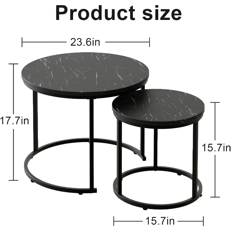 Round Nesting Coffee Table Side Set of 2 End Tables for Living Room Bedroom Balcony,Faux Marble Wooden Table 23.6IN Accent Large 3