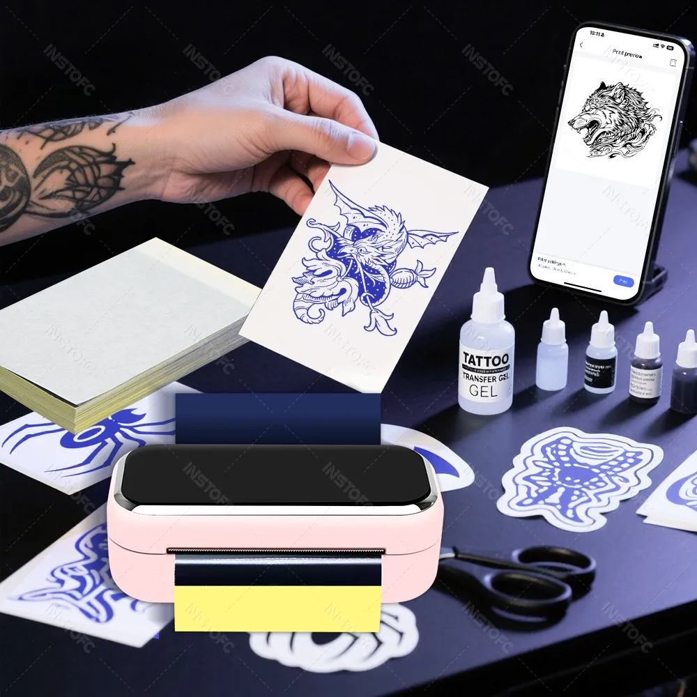 80mm Tattoo Stencil Printer Thermal Tattoo Printer with 3inch Transfer Paper Wireless Bluetooth Mini Portable Printer DIY Artist