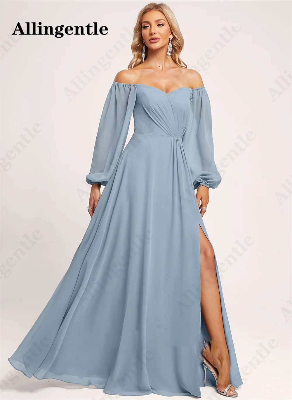 Allingentle Dusty Blue Chiffon Bridesmaid Dresses for Wedding Full Sleeves A-Line Sweetheart Evening Gown with Slit Floor Length