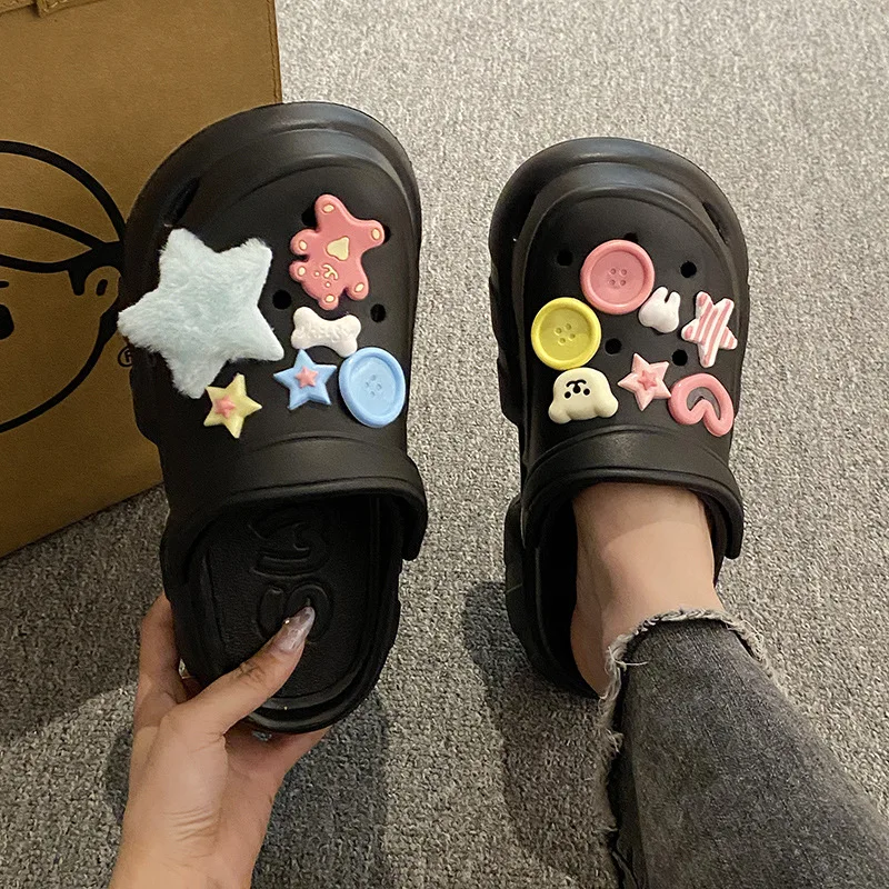 2024 New Sandals DIY Cute Cartoon Clogs Women Mules 3cm Platform Beach Slippers Cave Hole Female Garden Shoes For Students Girls