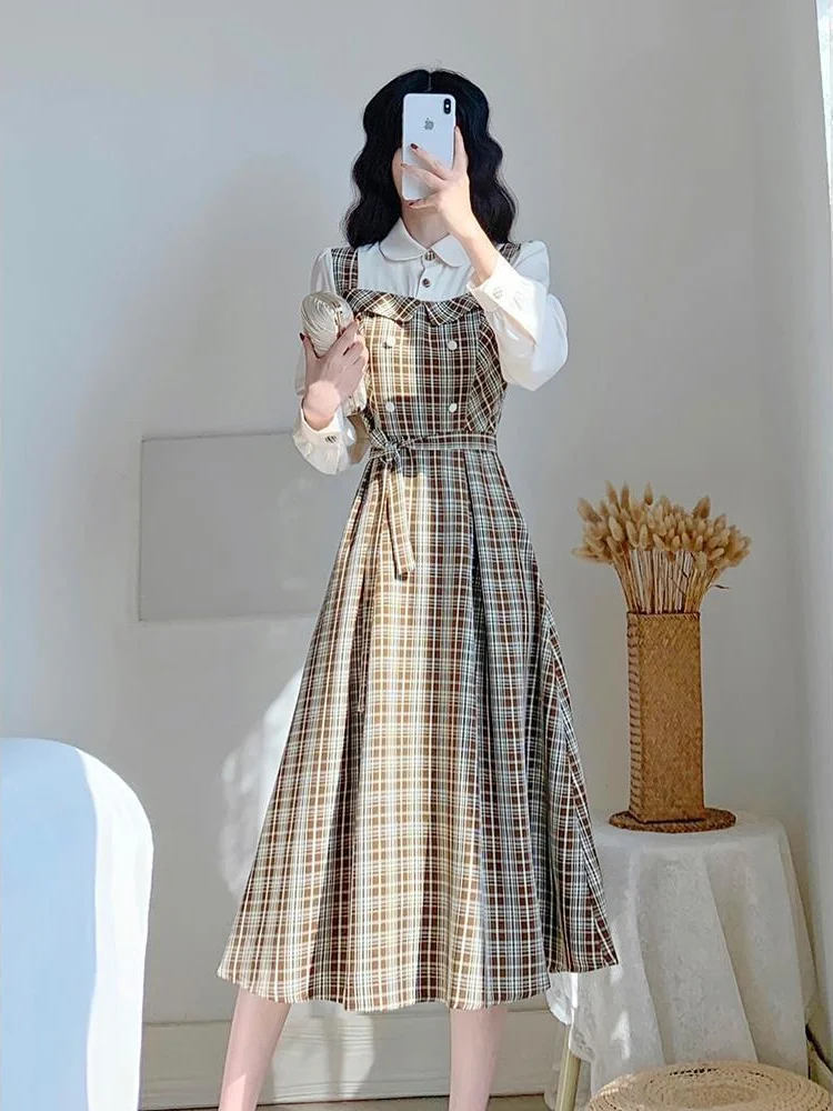 Women's Long Sleeve Dresses Plaid Retro Bandage Female Dress