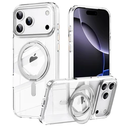 Enhanced 360° Rotating Magnetic Stand Case with Premium Metal Button and Folding Bracket - iPhone 15 Plus (Transparent)