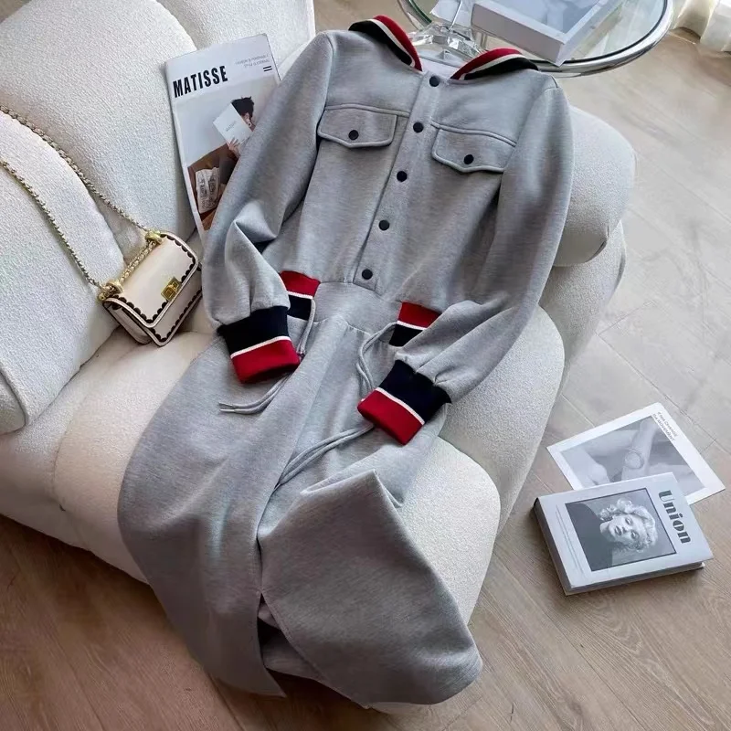 

Split Hem Dress Women's Hoodies Long Sleeve Pockets Midi Dresses Pollover Casual Elegant Korean
