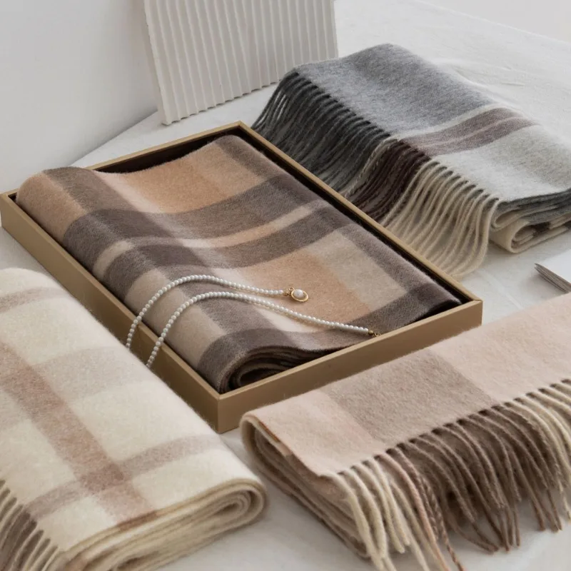 Thickened Autumn and Winter Plaid 100% Wool Scarf with Womens High End Feel Tassel Fashion Warm Scarf Comfortable Shawl