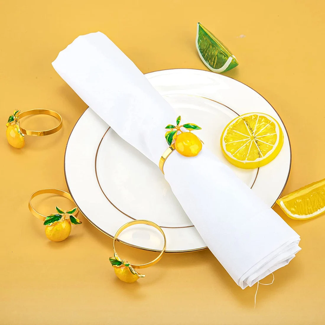 Set Di 6 Portatovaglioli A Tema Tropicale, Frutta In Metallo Dorato, Limone E Mango, Con Foglia Verde, Ideali Per Feste, Matrimoni E Decorazione Tavola - 5