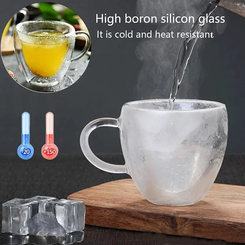 Glass Tea Cup with Handle Heart Shaped Clear Double Wall Lovers Coffee Afternoon Tea Double Layer Glass Mug, Size: One Size