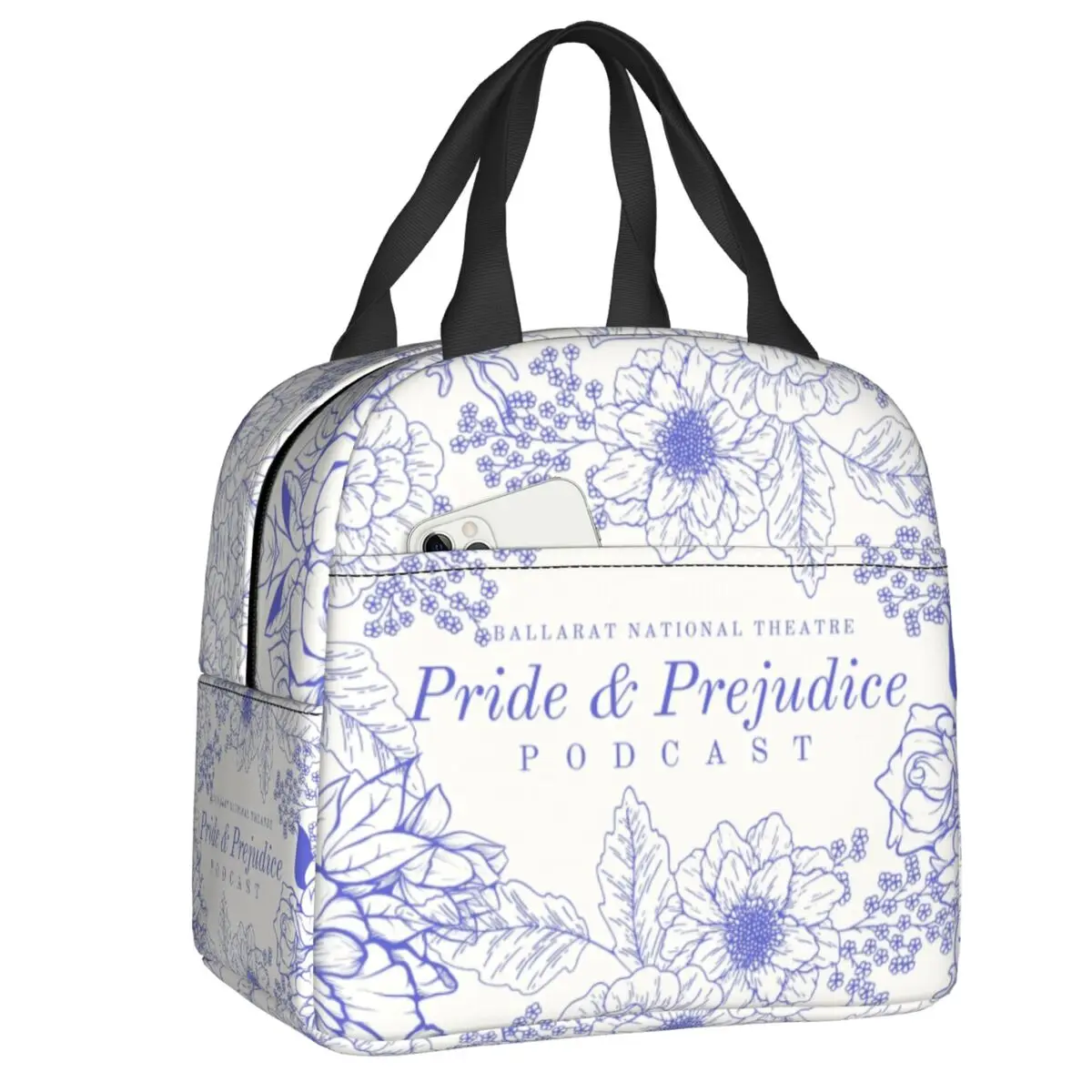 

Pride And Prejudice Florals Quote Thermal Insulated Lunch Bag Jane Austen Reusable Lunch Tote for Women Kids Picnic Food Box