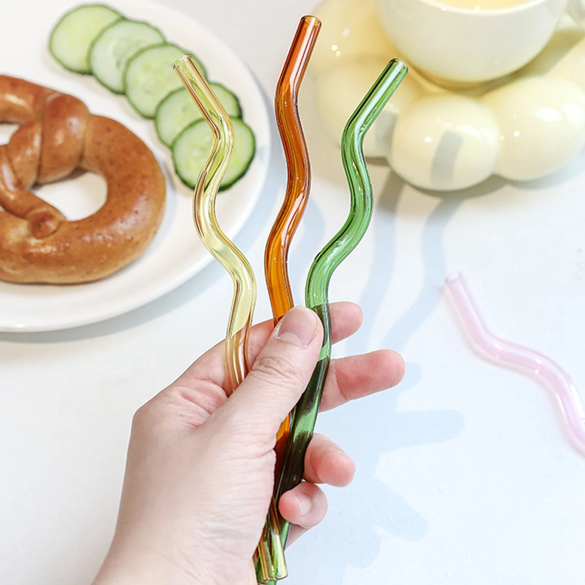 Drinking Straws Glass Straws Wavy Reusable Drinking Straws Colorful Eco-friendly Drinks Coffee Milk Tea Straw Dishwasher Safe Barware