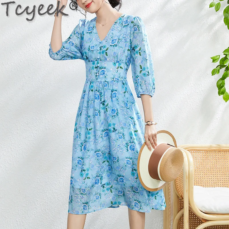 

Tcyeek 100% Mulberry Real Silk Dress Women Clothes Print Fashion Summer Dresses 2024 Elegant and Pretty Women's Dresses French