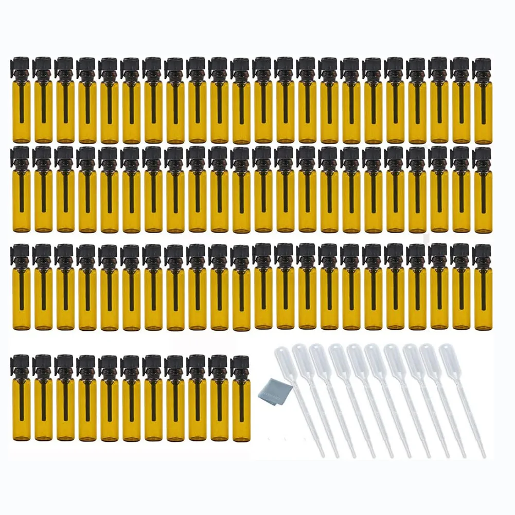 

100Pcs 1ml Small Essential Oil Glass Bottle Empty Amber Sample Vials Perfume Glass Bottle DIY With Black Stoppers
