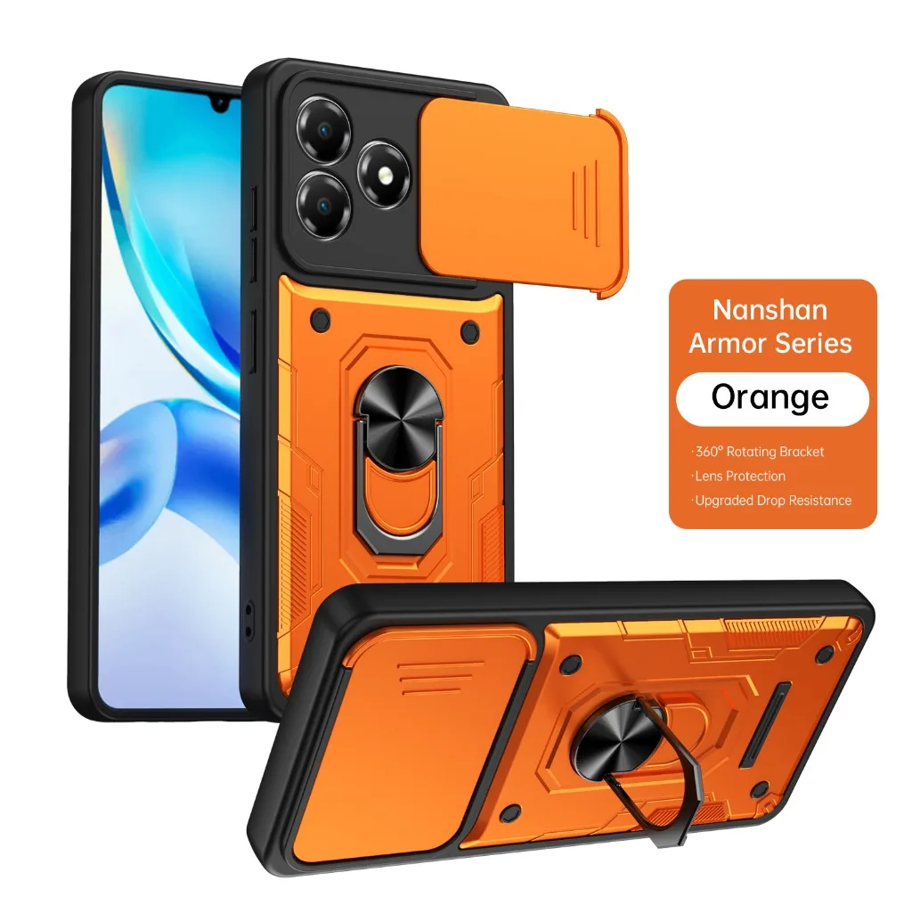 Shockproof Armor Phone Case with Slide Camera Protection and 360° Rotating Ring Holder Kickstand
