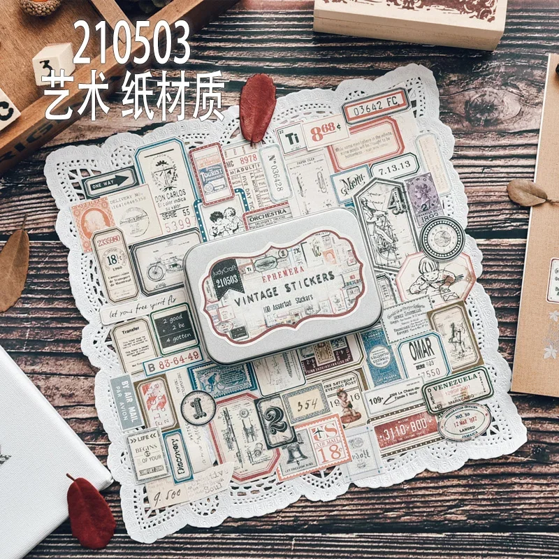 Decorative Stickers Decorative Labels Stickers Stationery Supplies Adhesive Stickers DIY Scrapbooking Accessories Vintage Stickers Decorative Metal Box Junk Journal Ephemera Retro DIY Album Stickers Scrapbooking Material Craft Supplies 100Pcs