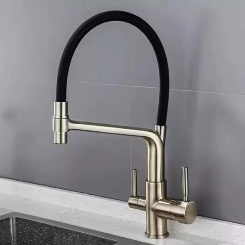 New Kitchen Faucet Cold & Hot Water Purifier Direct Drinking Sink Mixer Tap 360 ° Rotation Deck Mounted Dual Handle Brushed Gold