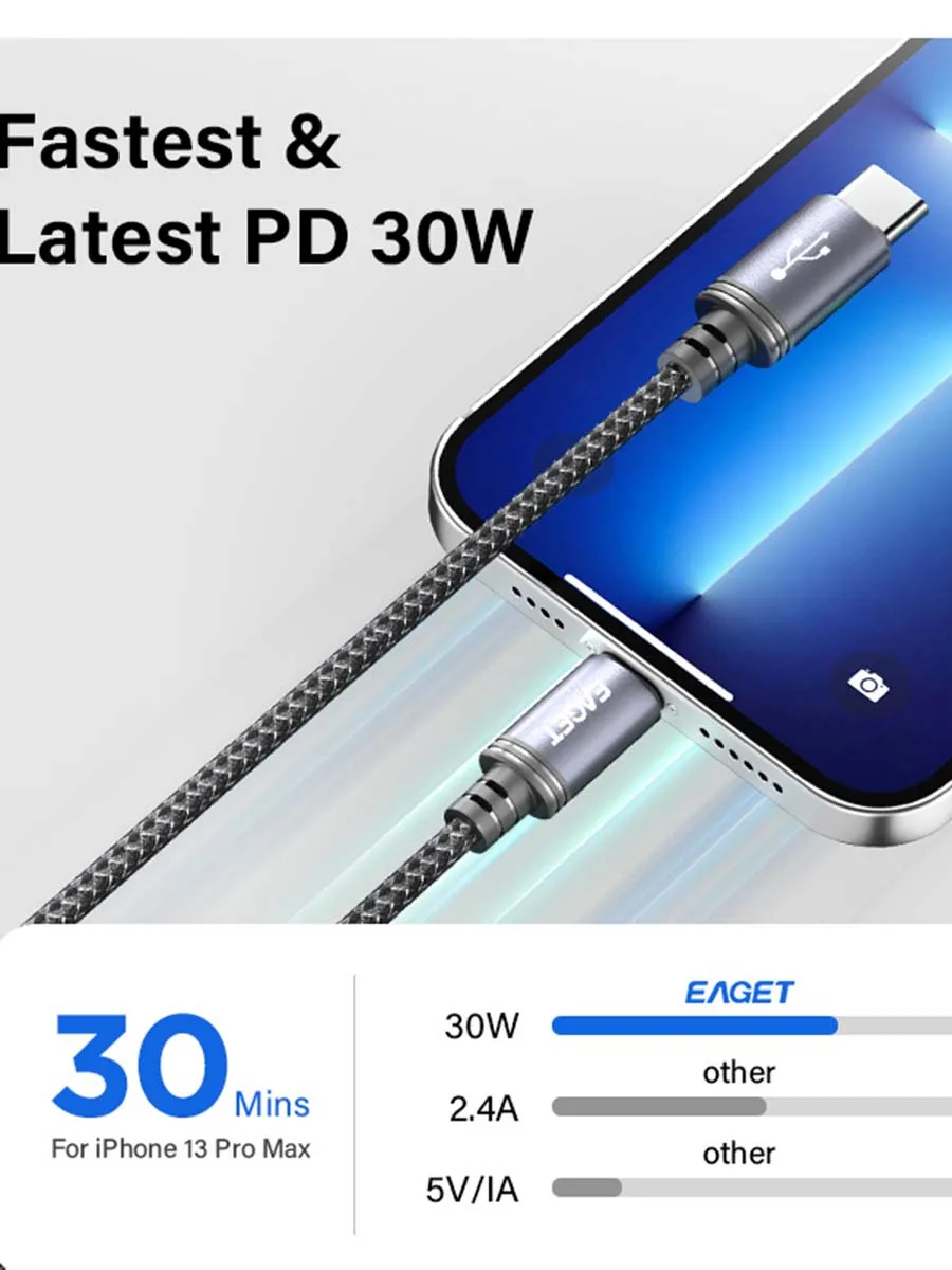 EAGET 30W PD USB C-라이트닝 충전 케이블, 아이폰 14 Pro Max/13/12용 브레이디드 나일론 데이터 케이블