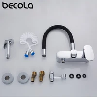 ทองเหลืองอ่างล้างจานก๊อกติดผนังอ่างล้างหน้าผสมเย็นและน้ำอุ่น Tap สีดำอ่างล้างจานก๊อกน้ำสเปรย์ปืนสำหรับห้องครัว 6