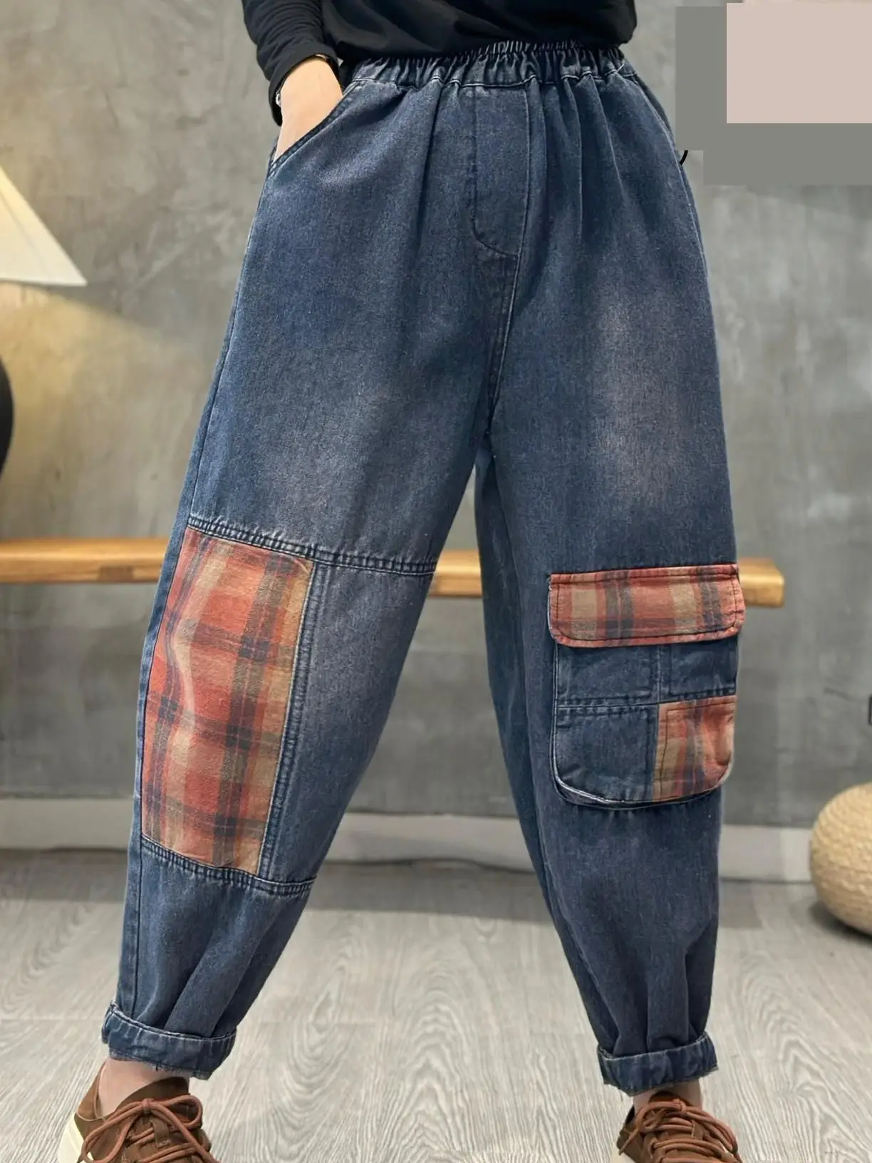

Fashion Woman Autumn New Vintage Literary Baggy Jeans Pocket Patchwork Check High-waisted Loose Streetwear Denim Harem Pants