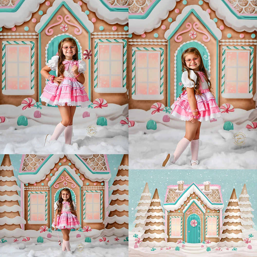 

Christmas Sweet Gingerbread Home Photo Background Colorful Snowy Photography Backdrop Princess Girl Portrait Photo Studio Props