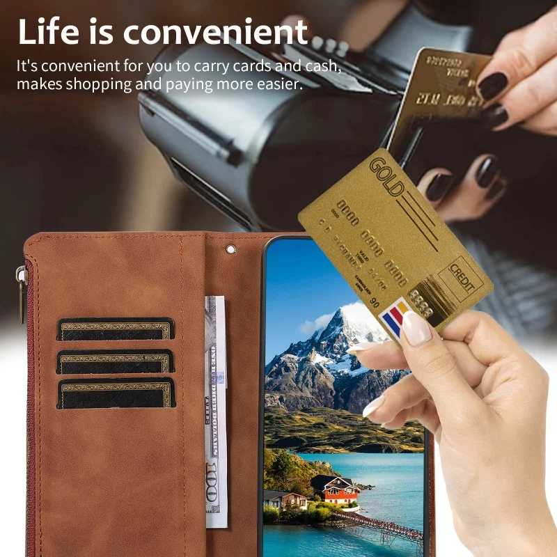 Luxury Zipper Leather Flip Wallet Phone Case with Lanyard and Card Holder