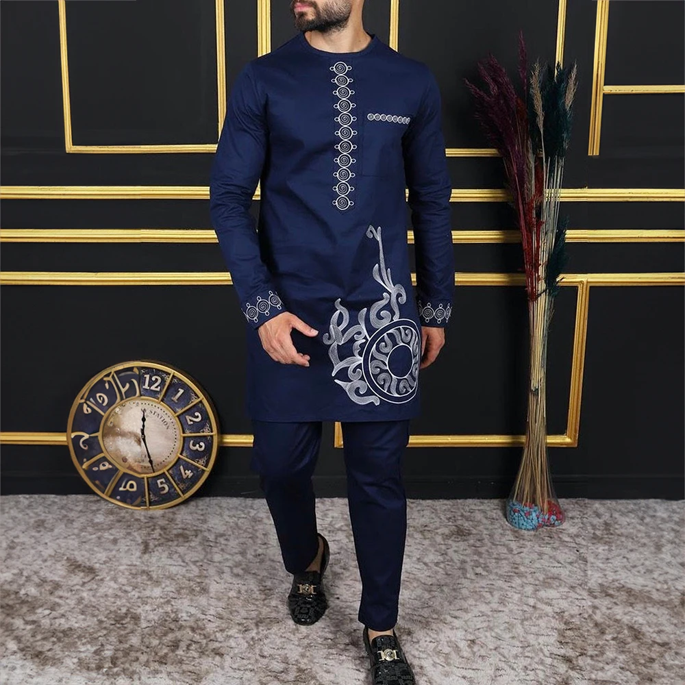 

Dashiki Men Suits Top Trousers 2pc Kaftan Set Embroidered Round Neck Long Sleeve Wedding Suit African Ethnic Style