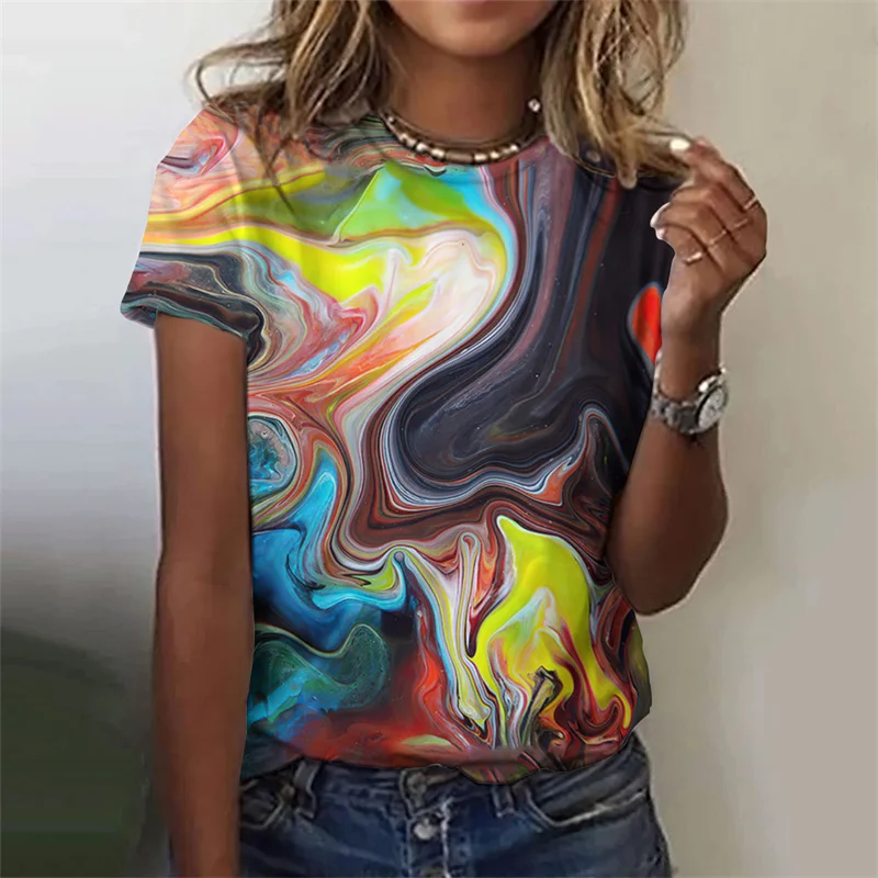 

Женские топы с коротким рукавом, летний пуловер Y2K с абстрактным рисунком, Повседневная футболка с 3D цветочным принтом и круглым вырезом, женская футболка
