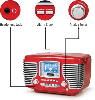 Retro AM/FM Alarm Clock Radio with CD Player and Bluetooth Speakers in Red 4