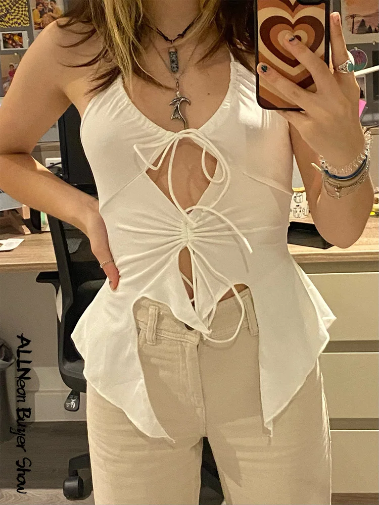 ALLNeon 2000s Aesthetics Sexy Ruffles Cut Out White Tank Tops Y2K Fashion Bandage Hollow Out Halter Tops Drawstring Clubwear