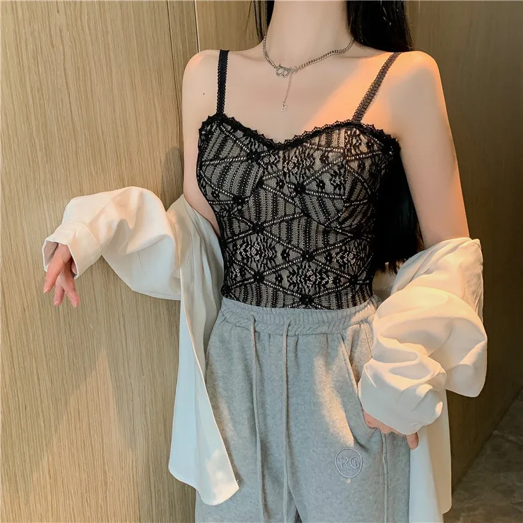 French Lace Suspender Vest Female with Chest Pad Inside Match Outside