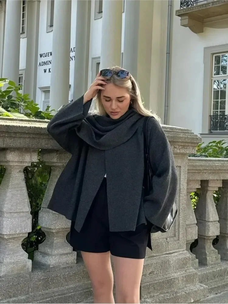 Solid Long Sleeved Short Coat With Scarf Women Loose Single Button Warm Jacket 2025 Autumn Winter Fashion Female Streetwear 3
