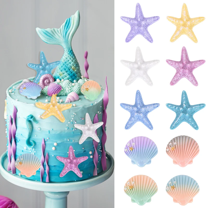 Resin Shell Starfish DIY Cake Topper Kids Mermaid Party Cake Decoration Under the Sea Ocean Birthday Party Decor Baby Shower