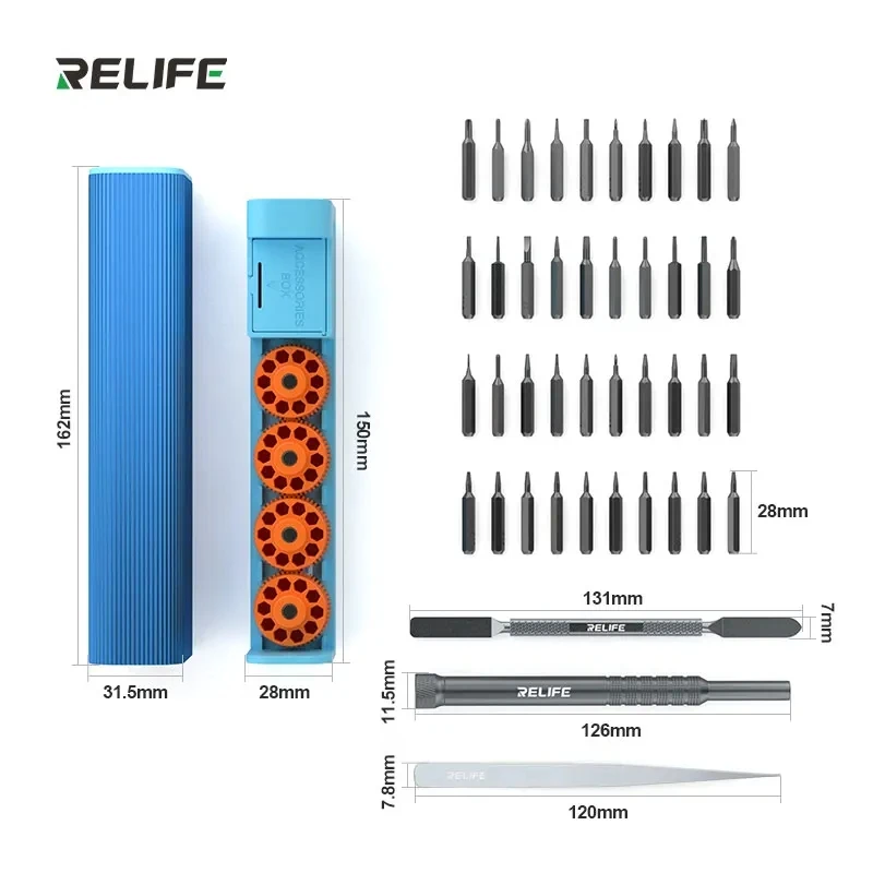 RELIFE RL-5122 43in1 혁신적인 회전축 로터리 스크루드라이버 키트(나사 보관함 포함) 휴대폰/PC용 수리 도구 세트 1-2개