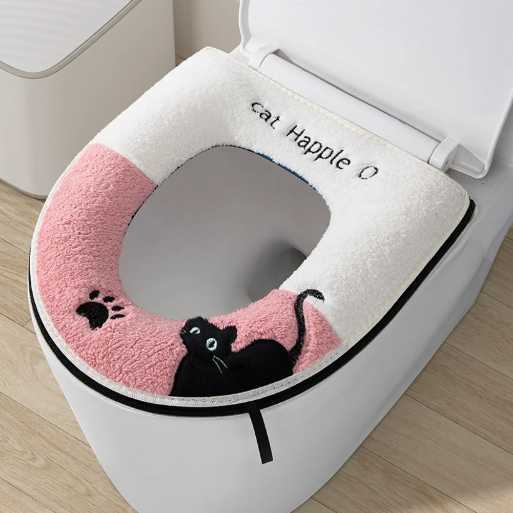 1Pc 세탁 가능한 플러시 변기 시트 커버 패드 지퍼가 달린 두꺼운 U자형 워머..