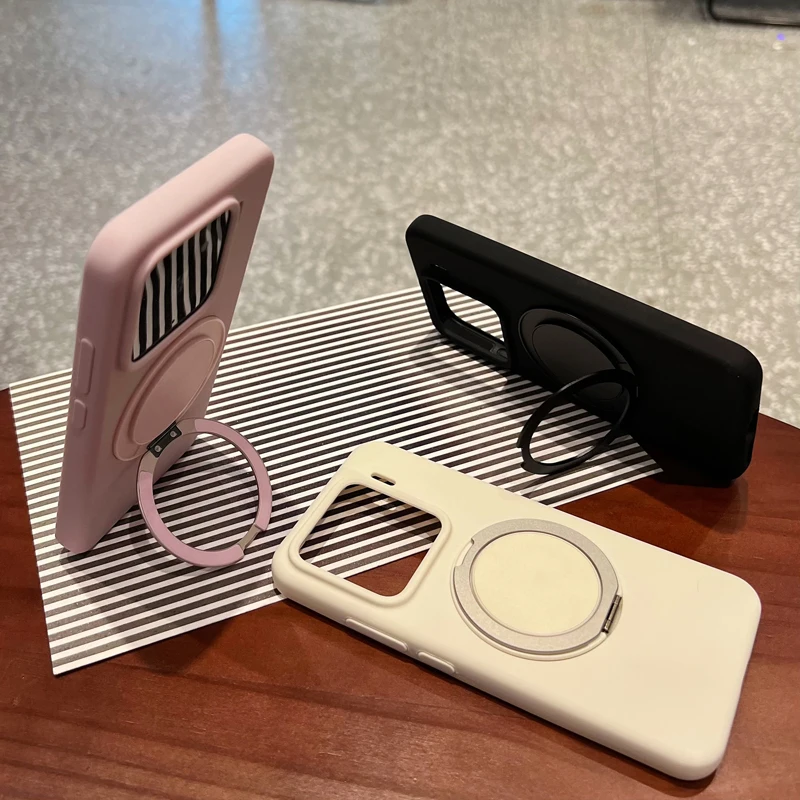 Luxury Liquid Silicone Phone Case with Metal Ring Stand and Shockproof Protection