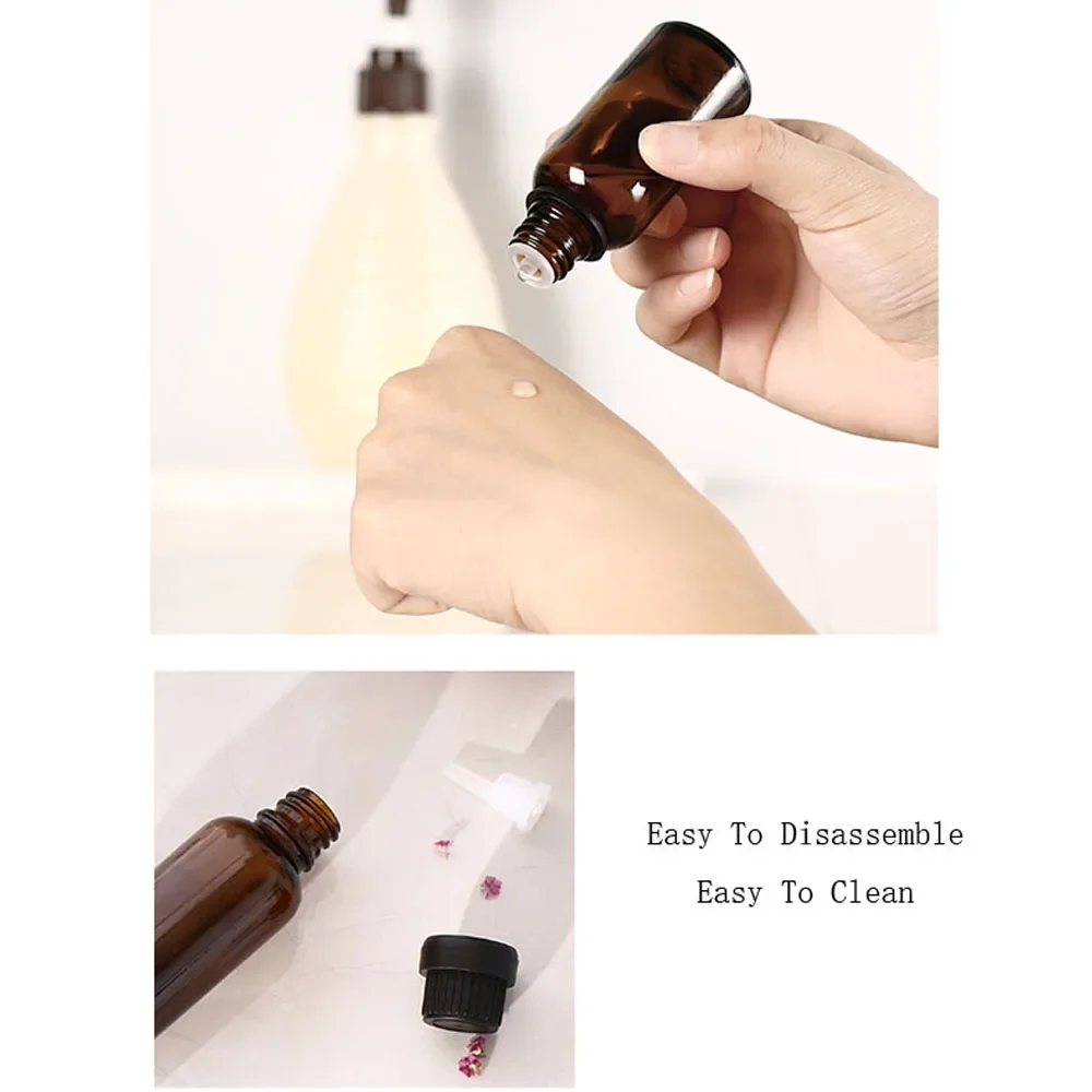 Refillable Amber Glass Bottles for Essential Oils - Set of 6 with Droppers and Caps