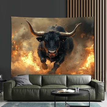 VIKAMA – tapisserie de taureau sauvage, crinière de flamme, décoration murale pour salon, Studio, Bar, lumière moderne, Style de luxe 1