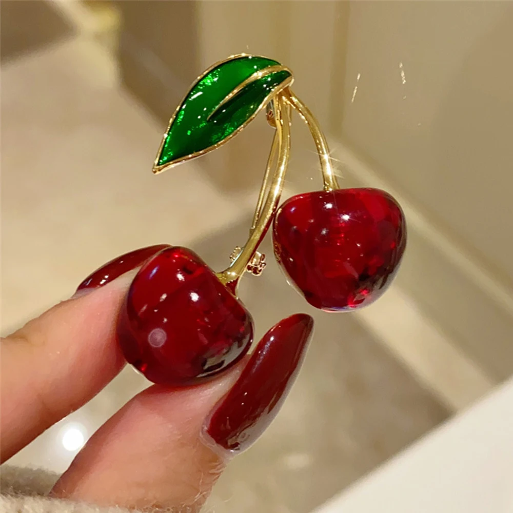 Enamel Pins Crystal Cherry Brooches For Women Clothing Alloy Crystal Fruit Party Jewelry Gifts