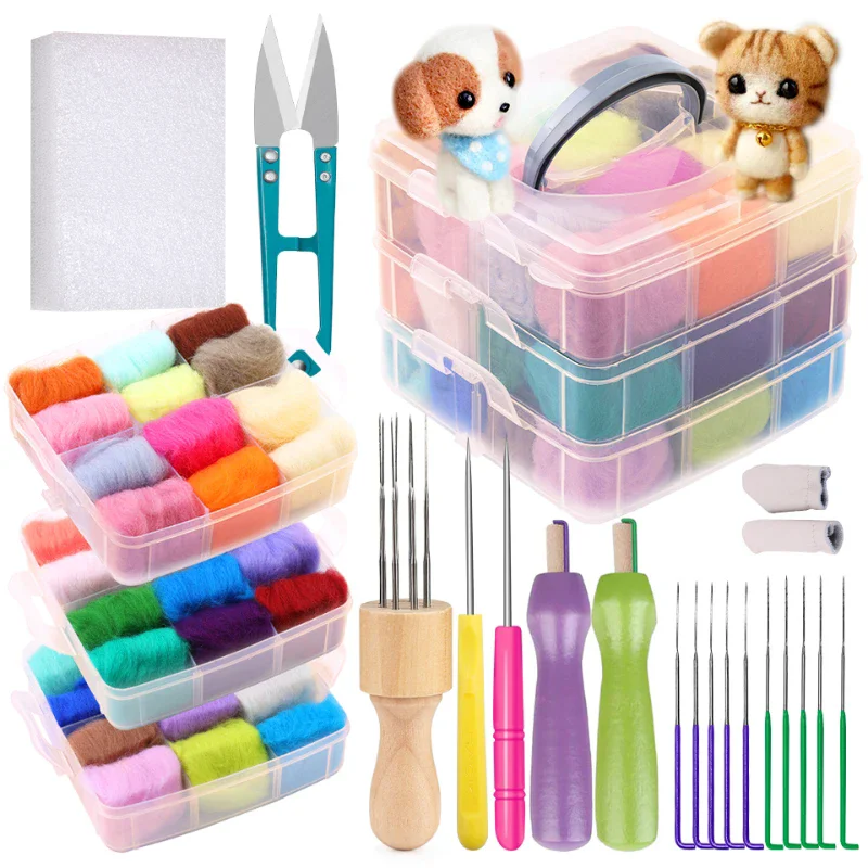 36 Colors Wool Needle Felting Tools Plastic Storage Box Wool Felt Toys Making Fabric Materials Handcraft For DIY Beginners needle felting kit wool felting kit